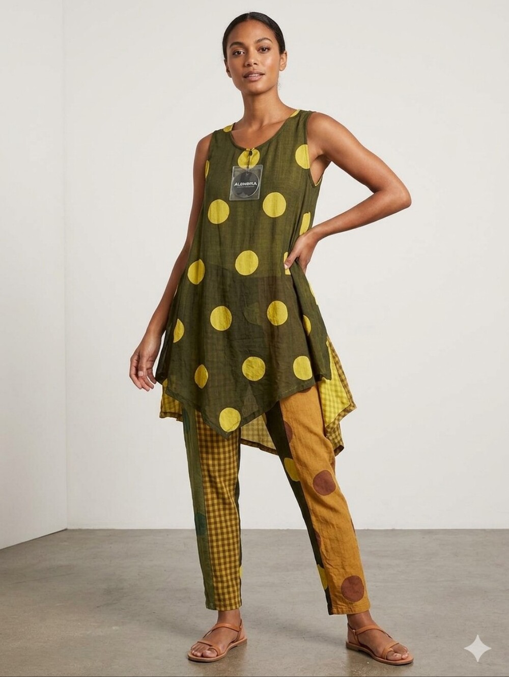 Alembika Black Tunic with Bold Yellow Polka Dots Clowny festival Set top & pants